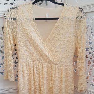 PinkBlush Cream Lace Overlay Maternity Wrap Dress